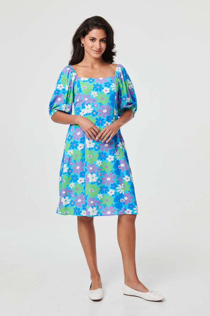 Floral Square Neck Knee Length Dress