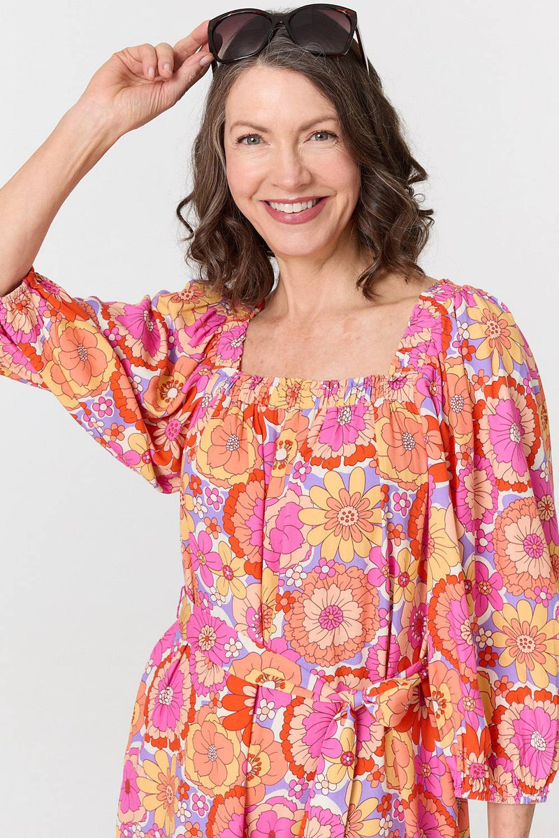 Vintage Floral Tie Waist Short Dress