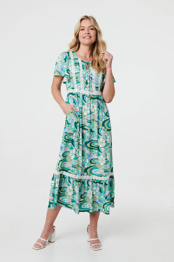 Abstract Lace Trim Tie Neck Midi Dress