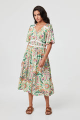 Printed 1/2 Flared Sleeve Midi Dress