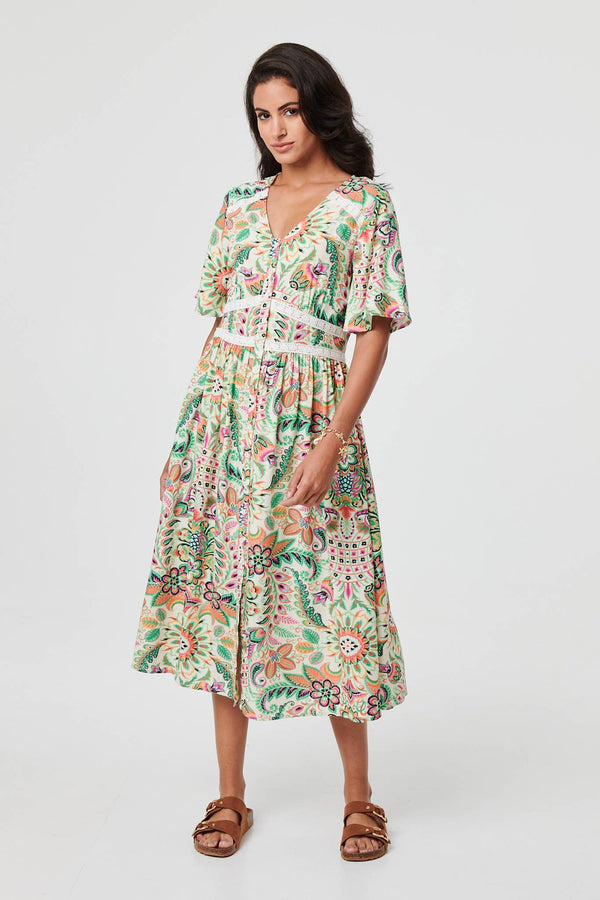 Printed 1/2 Flared Sleeve Midi Dress
