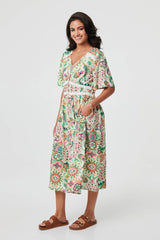Printed 1/2 Flared Sleeve Midi Dress