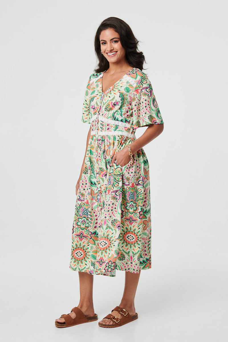 Printed 1/2 Flared Sleeve Midi Dress
