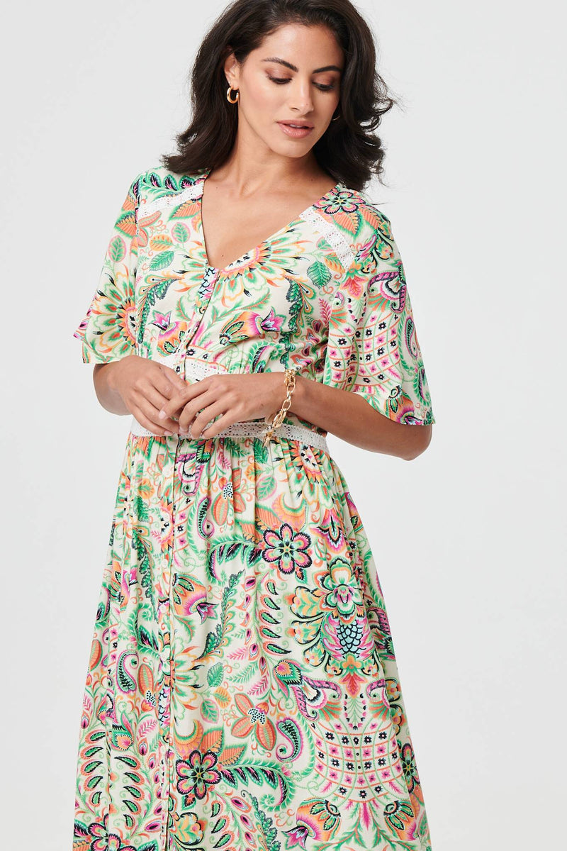 Printed 1/2 Flared Sleeve Midi Dress
