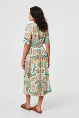 Printed 1/2 Flared Sleeve Midi Dress