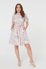 Floral Tie Waist Puff Sleeve Short Dress