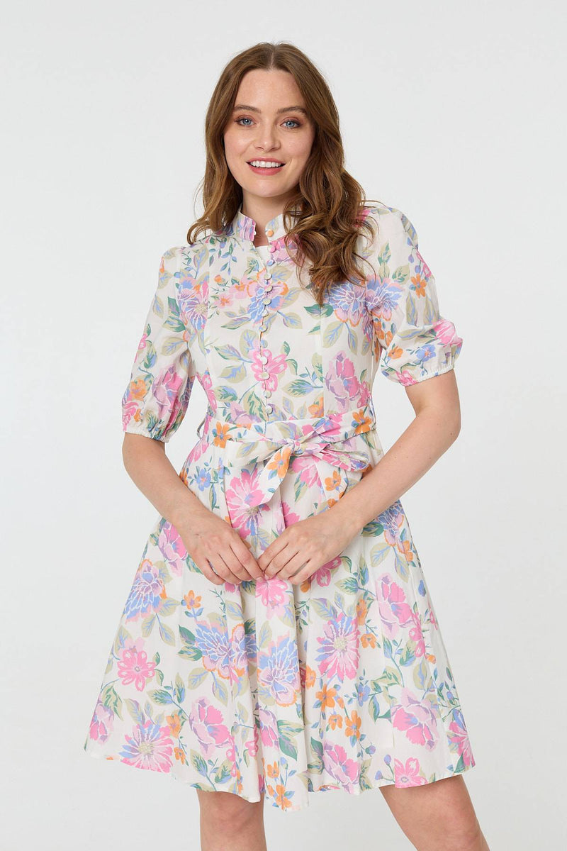 Floral Tie Waist Puff Sleeve Short Dress