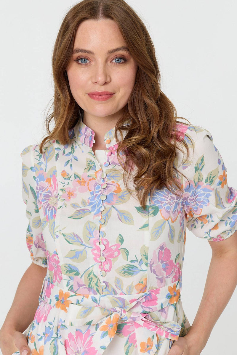 Floral Tie Waist Puff Sleeve Short Dress