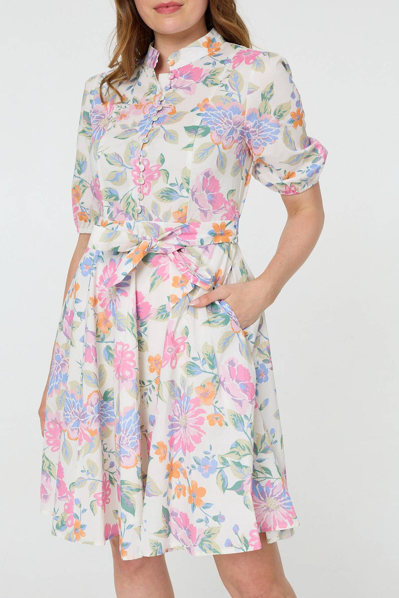 Floral Tie Waist Puff Sleeve Short Dress