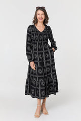 Printed Long Sleeve Tie Waist Midi Dress