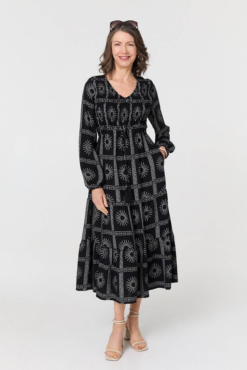 Printed Long Sleeve Tie Waist Midi Dress