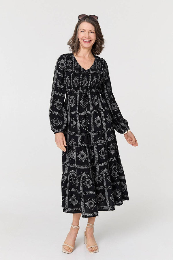 Printed Long Sleeve Tie Waist Midi Dress