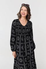 Printed Long Sleeve Tie Waist Midi Dress