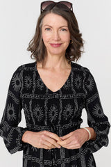 Printed Long Sleeve Tie Waist Midi Dress