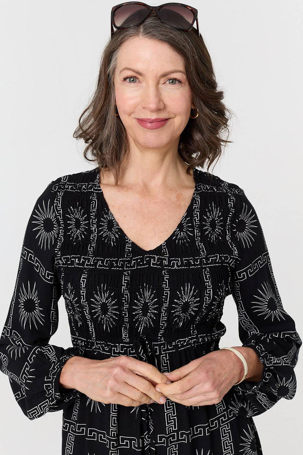 Printed Long Sleeve Tie Waist Midi Dress