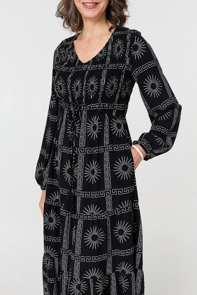 Printed Long Sleeve Tie Waist Midi Dress