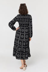 Printed Long Sleeve Tie Waist Midi Dress