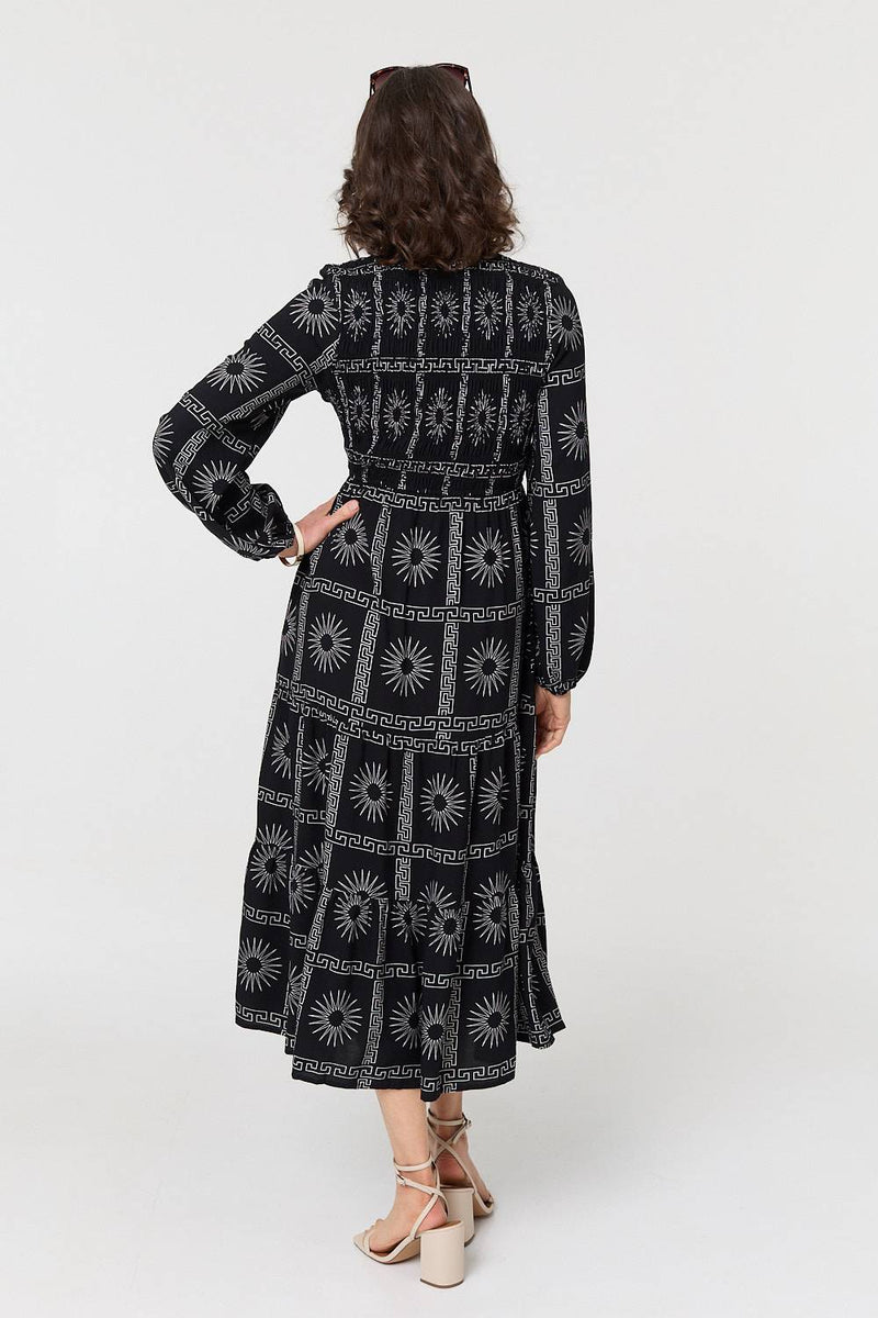 Printed Long Sleeve Tie Waist Midi Dress