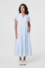 Checked Short Sleeve Tiered Maxi Dress
