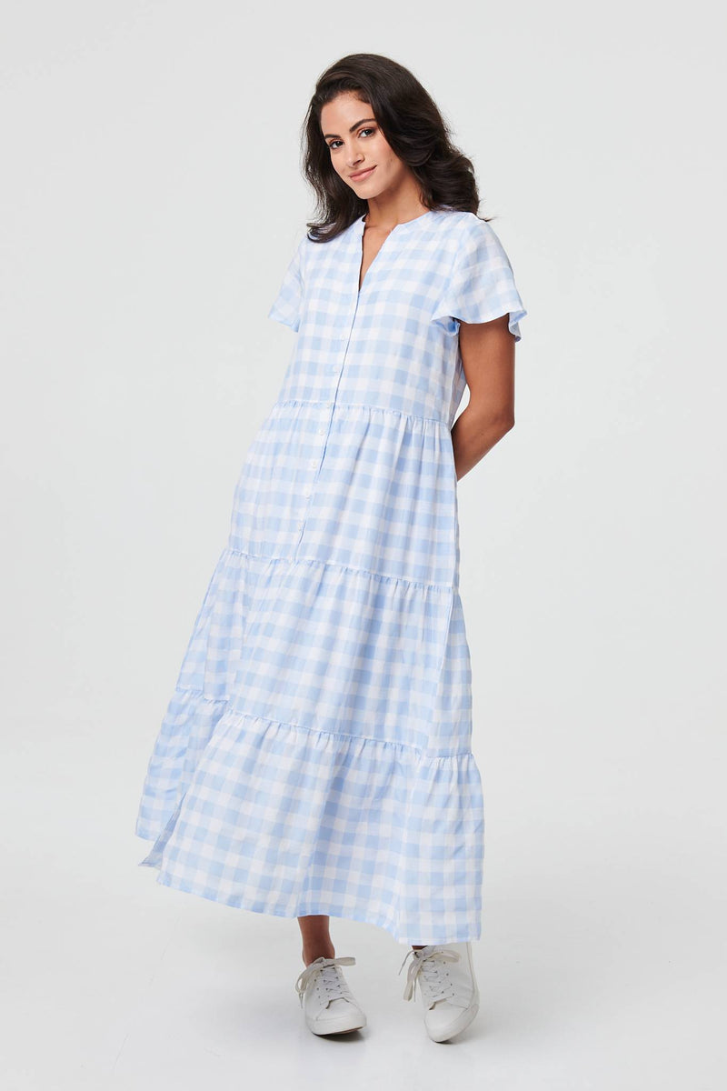 Checked Short Sleeve Tiered Maxi Dress