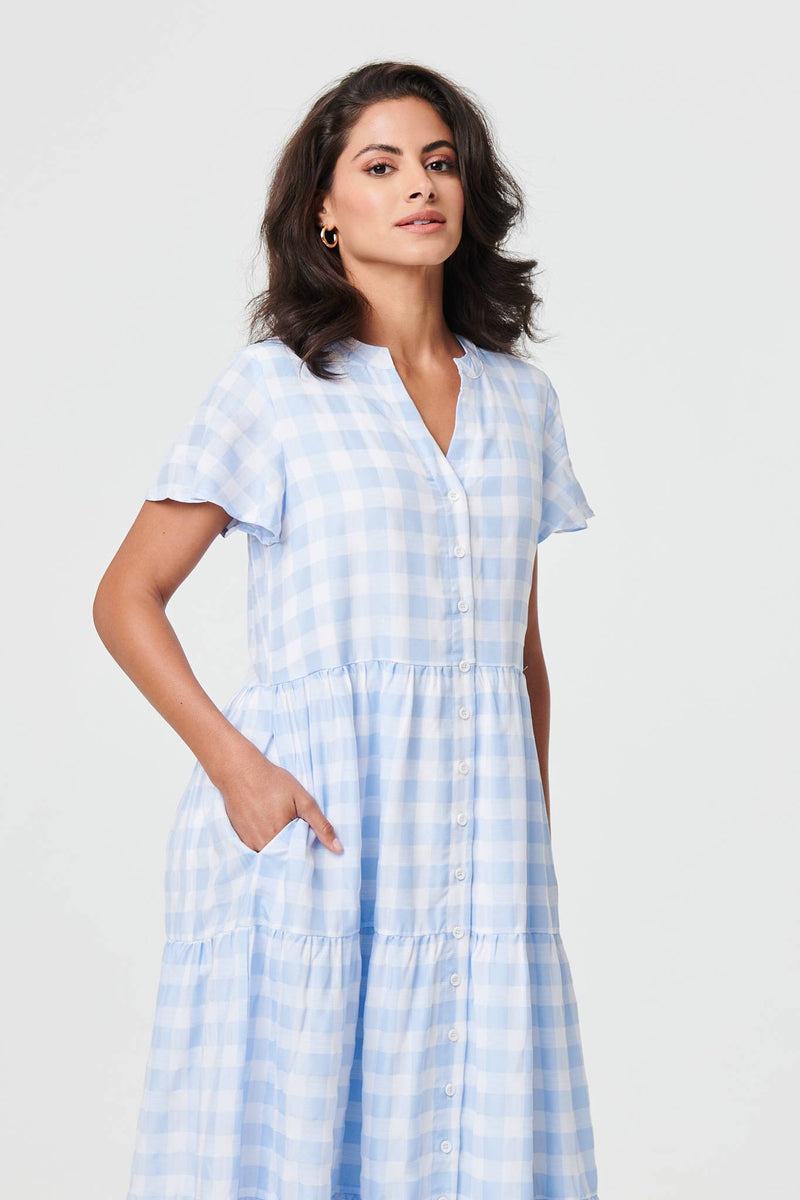 Checked Short Sleeve Tiered Maxi Dress