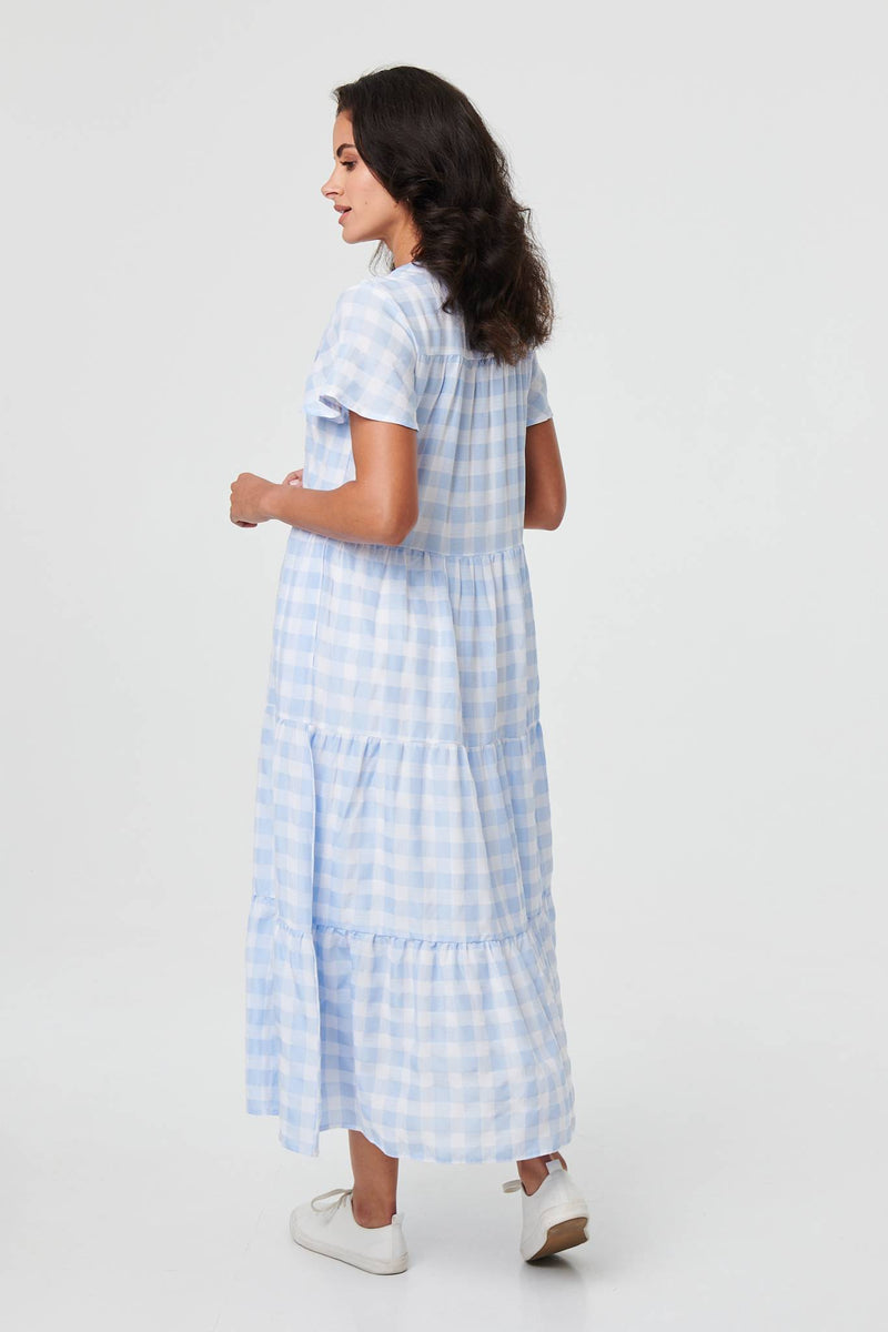 Checked Short Sleeve Tiered Maxi Dress