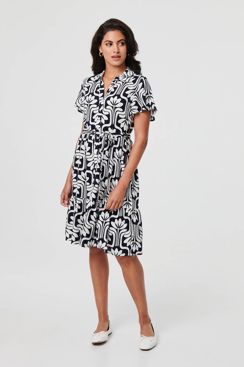 Printed Short Sleeve Mini Shirt Dress