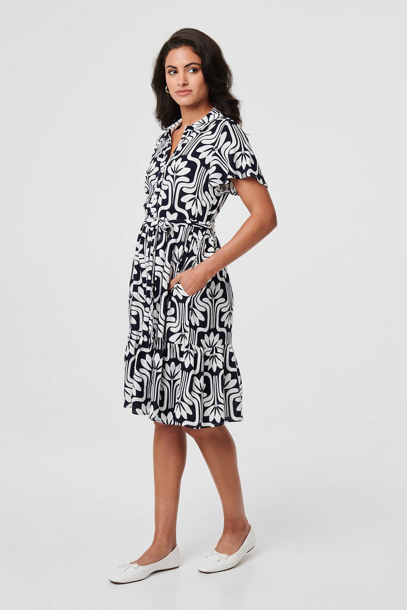 Printed Short Sleeve Mini Shirt Dress