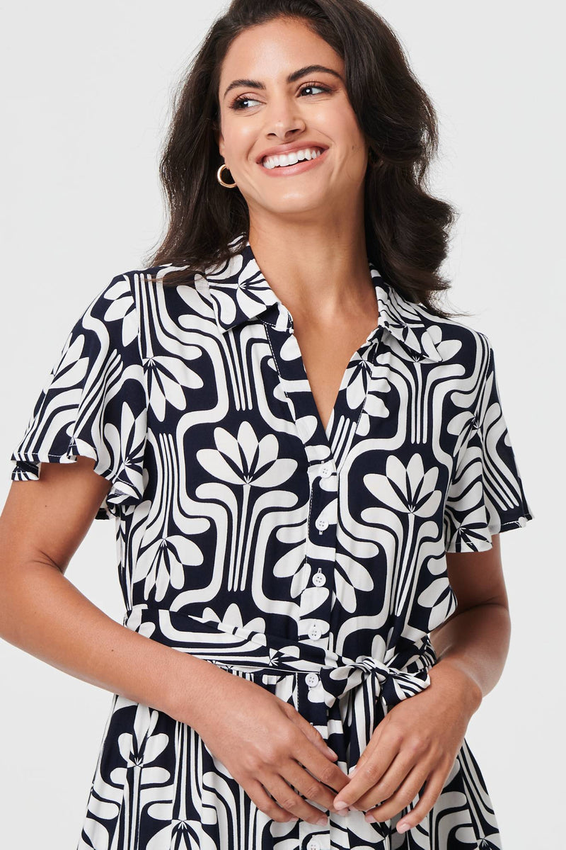 Printed Short Sleeve Mini Shirt Dress