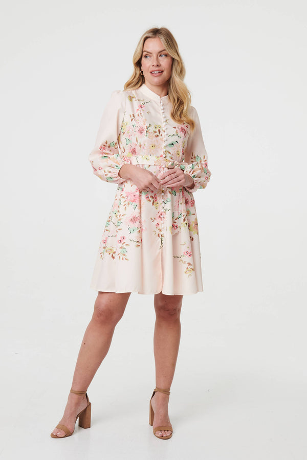 Floral Tie Waist High Neck Short Dress