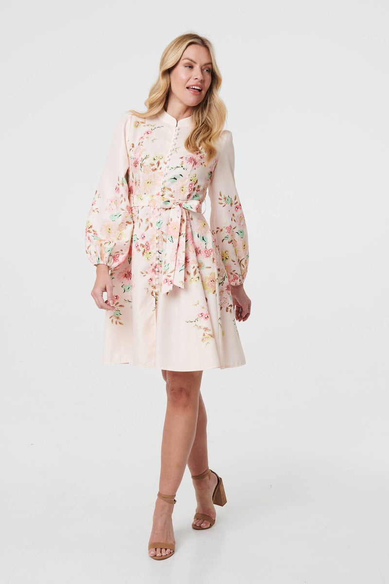 Floral Tie Waist High Neck Short Dress