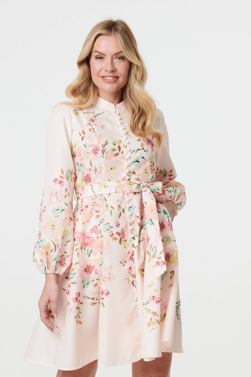 Floral Tie Waist High Neck Short Dress