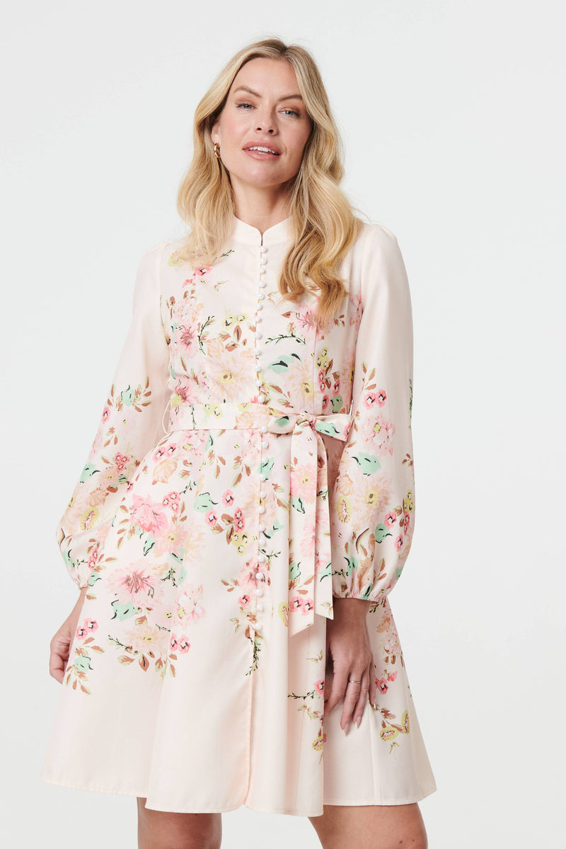 Floral Tie Waist High Neck Short Dress