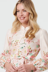 Floral Tie Waist High Neck Short Dress