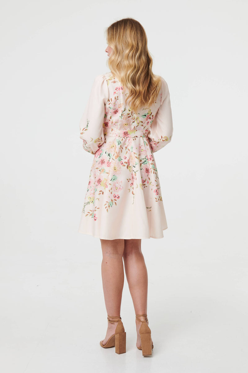 Floral Tie Waist High Neck Short Dress