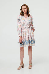 Border Print Tie Waist Knee Length Dress