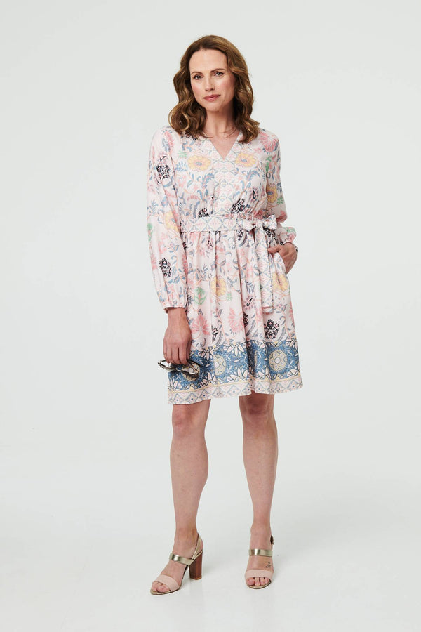 Border Print Tie Waist Knee Length Dress