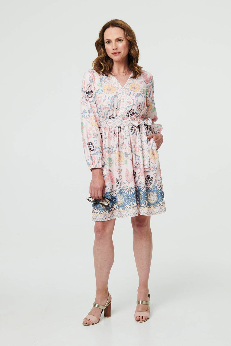 Border Print Tie Waist Knee Length Dress