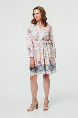 Border Print Tie Waist Knee Length Dress