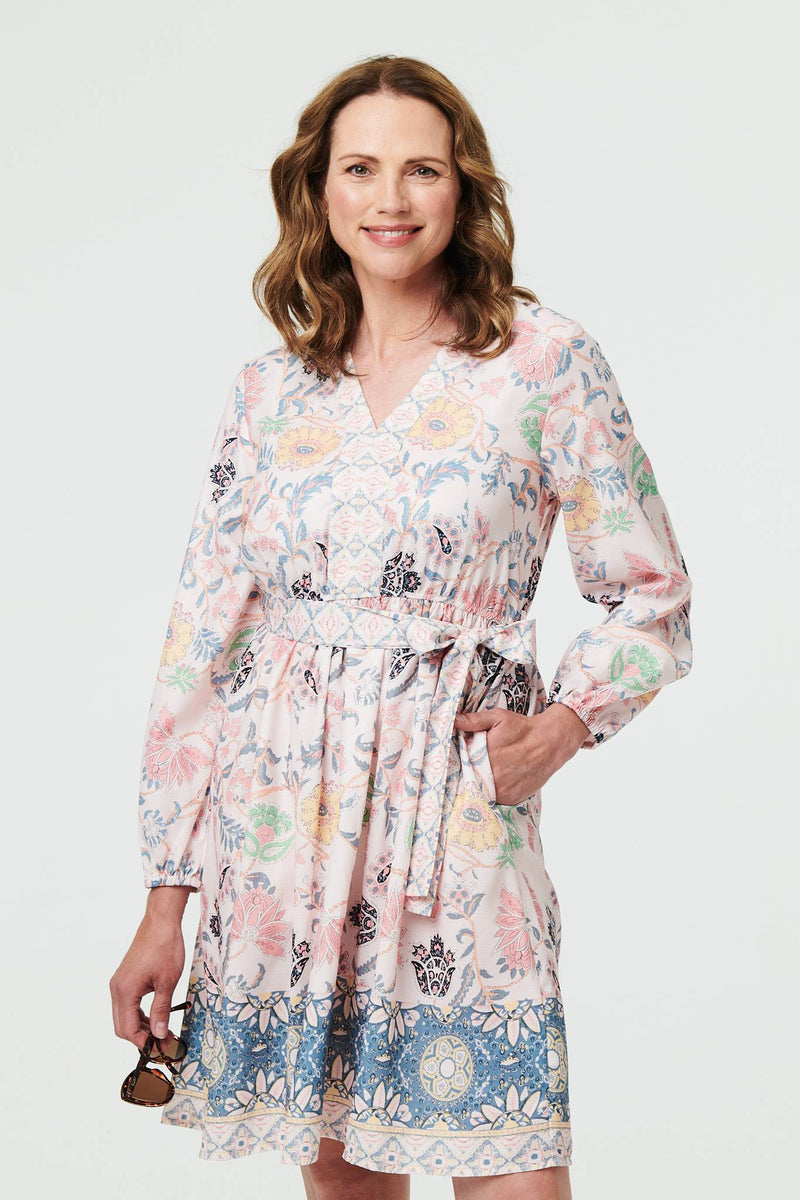 Border Print Tie Waist Knee Length Dress