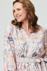 Border Print Tie Waist Knee Length Dress