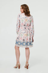 Border Print Tie Waist Knee Length Dress