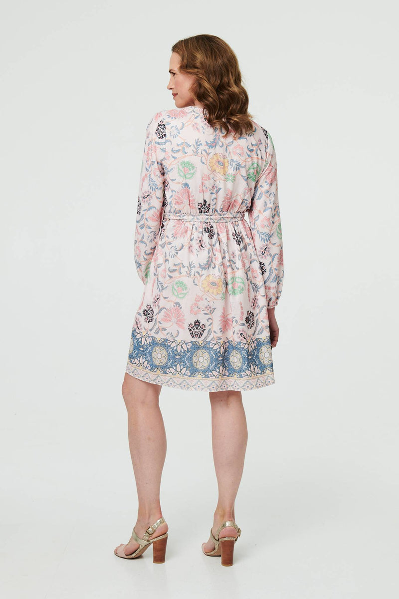 Border Print Tie Waist Knee Length Dress