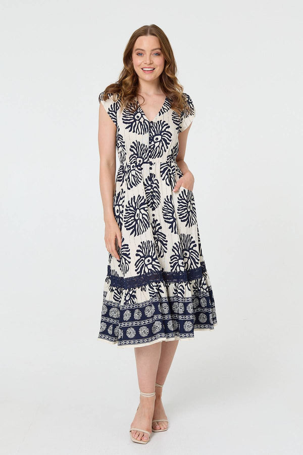 Floral Cap Sleeve Lace Midi Dress