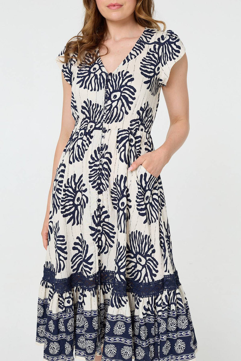 Floral Cap Sleeve Lace Midi Dress