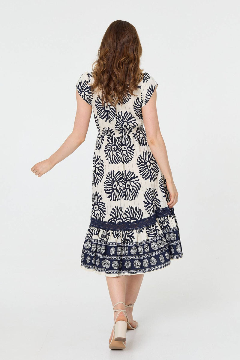 Floral Cap Sleeve Lace Midi Dress