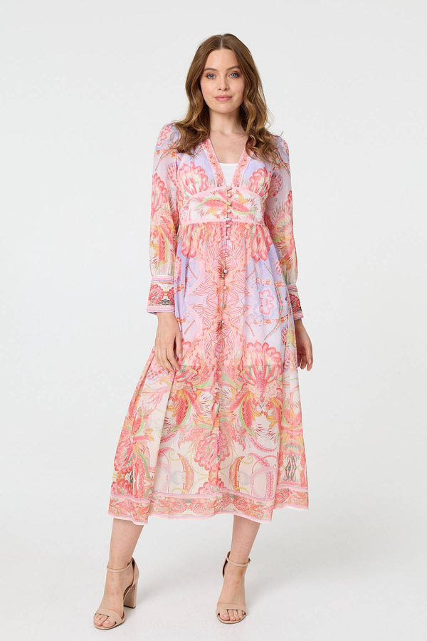 Printed Puff Sleeve Empire Maxi Dress