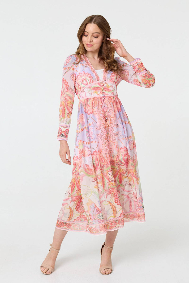 Printed Puff Sleeve Empire Maxi Dress