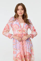 Printed Puff Sleeve Empire Maxi Dress