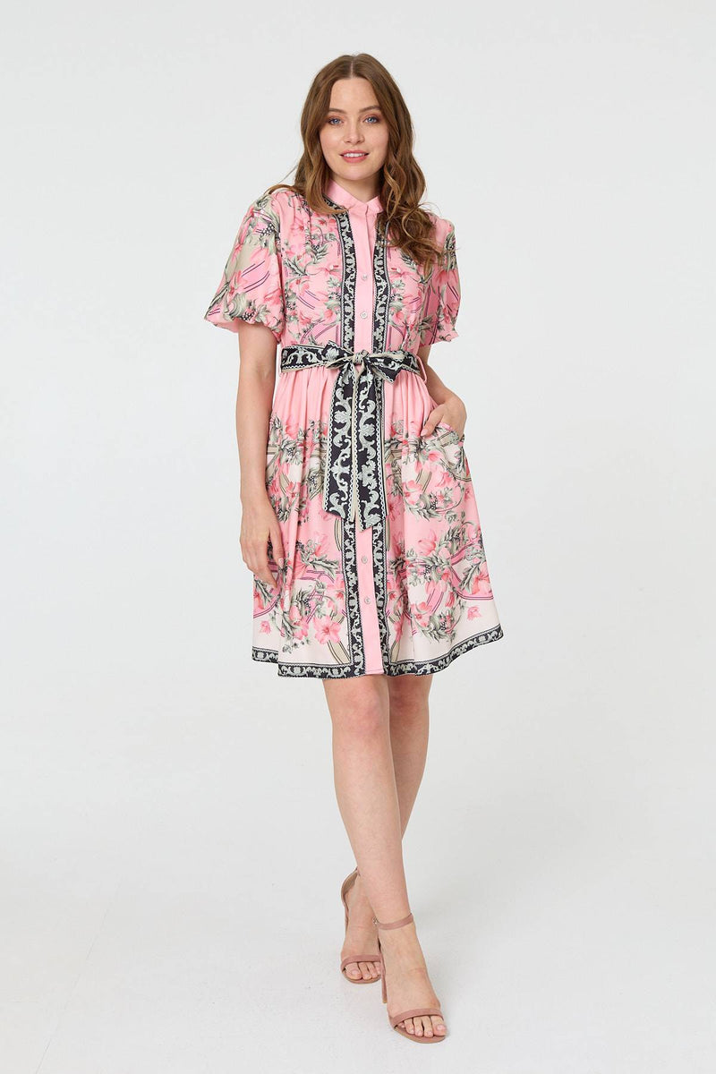 Border Print Tie Waist Short Dress